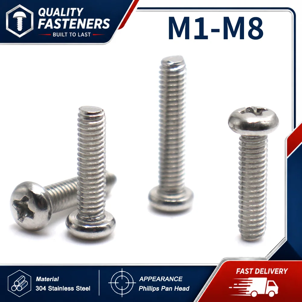 M1–M8 10–100pcs 304 Stainless Steel Phillips Cross Recessed Pan Head Machine Screw DIN7985