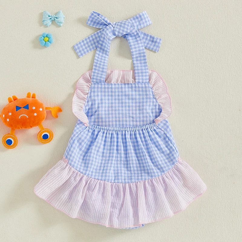 Adorable mono con estampado floral para niños pequeños con pajarita, cuello halter, sin mangas, con volantes, vestido mameluco para trajes de verano