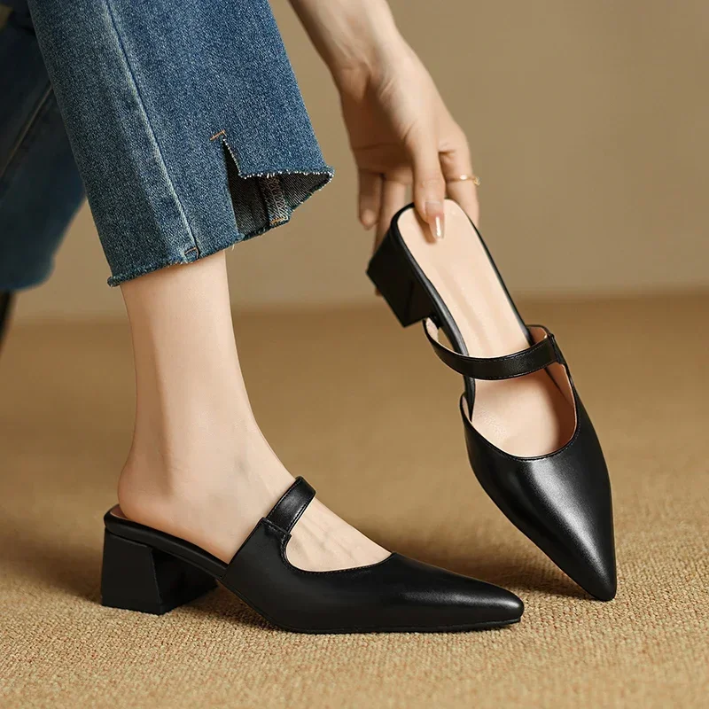 

Black Beige Silver Concise Slip on Women's Sandals Pointy Toe Elegant Ladies Office Dress Banquet Mules Outdoor Slide Slippers