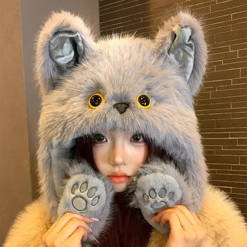 Movable Cat Ear Fleece Lined Beanie Women Adjustable Warm Thick Earflap for Winter Outdoor
