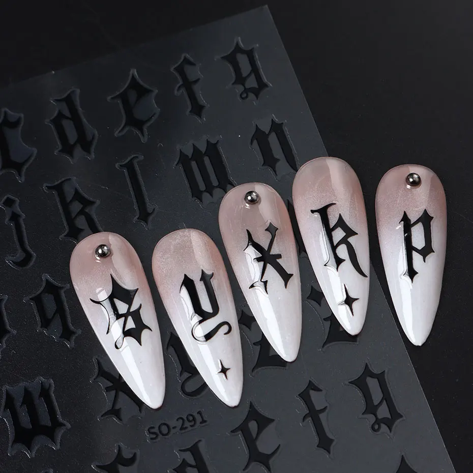 2/4 pçs gótico preto branco inglês carta arte do prego adesivos punk alfabeto romano encantos folhas y2k metálico manicure decoração