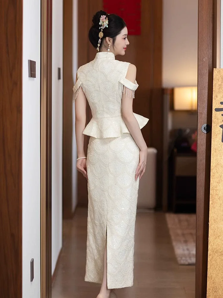 فستان نسائي فاخر مزين بالترتر على شكل زهرة Chesongam على الطراز الصيني أنيق بدون أكمام فستان سهرة رائع من فيستدوس دي فيستا #4