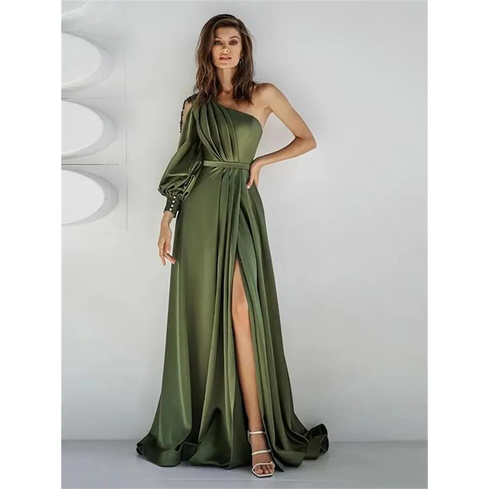 

Customized Fashion Single Sleeve Evening Dress One Shoulder Side Slit Gown For Special Occasion Ruched A Line Arabic Dubai Forma