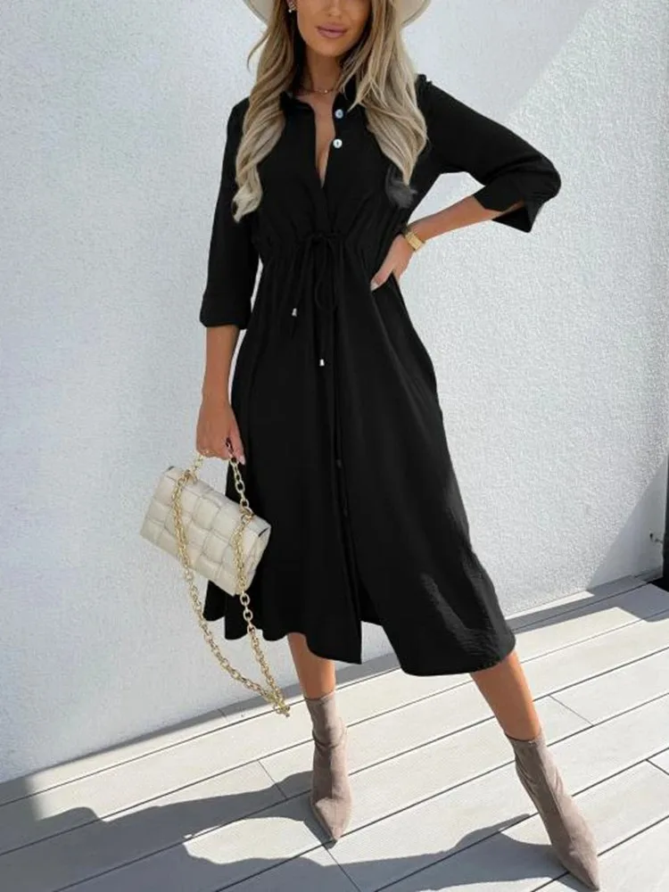 

Women's New Fashion Lace-up Waist Mid-sleeve Dress Solid Color Mid-waist Dress Temperament Commuter Single-breasted A-line Skirt