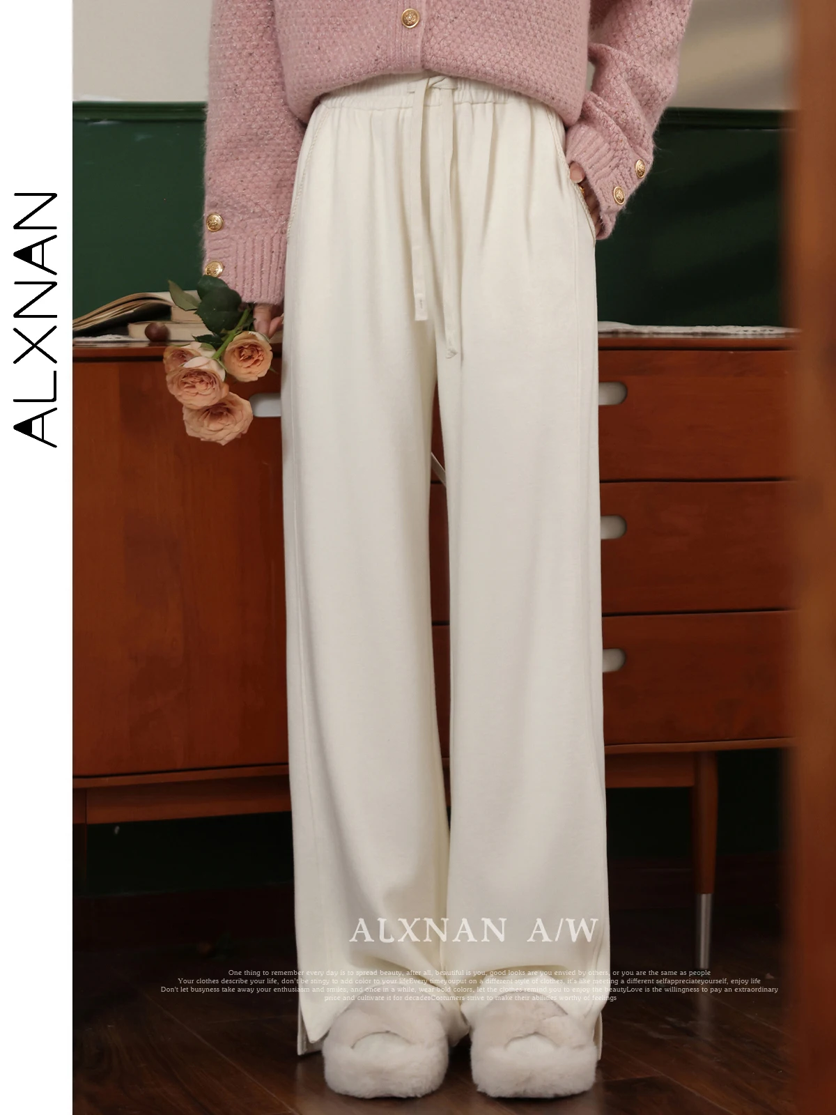 ALXNAN Women's Casual Straight Pants Simple Elastic Waist Drawstring Split Hem Wide Leg Pant Fall Winter Basics Bottom LXN32716