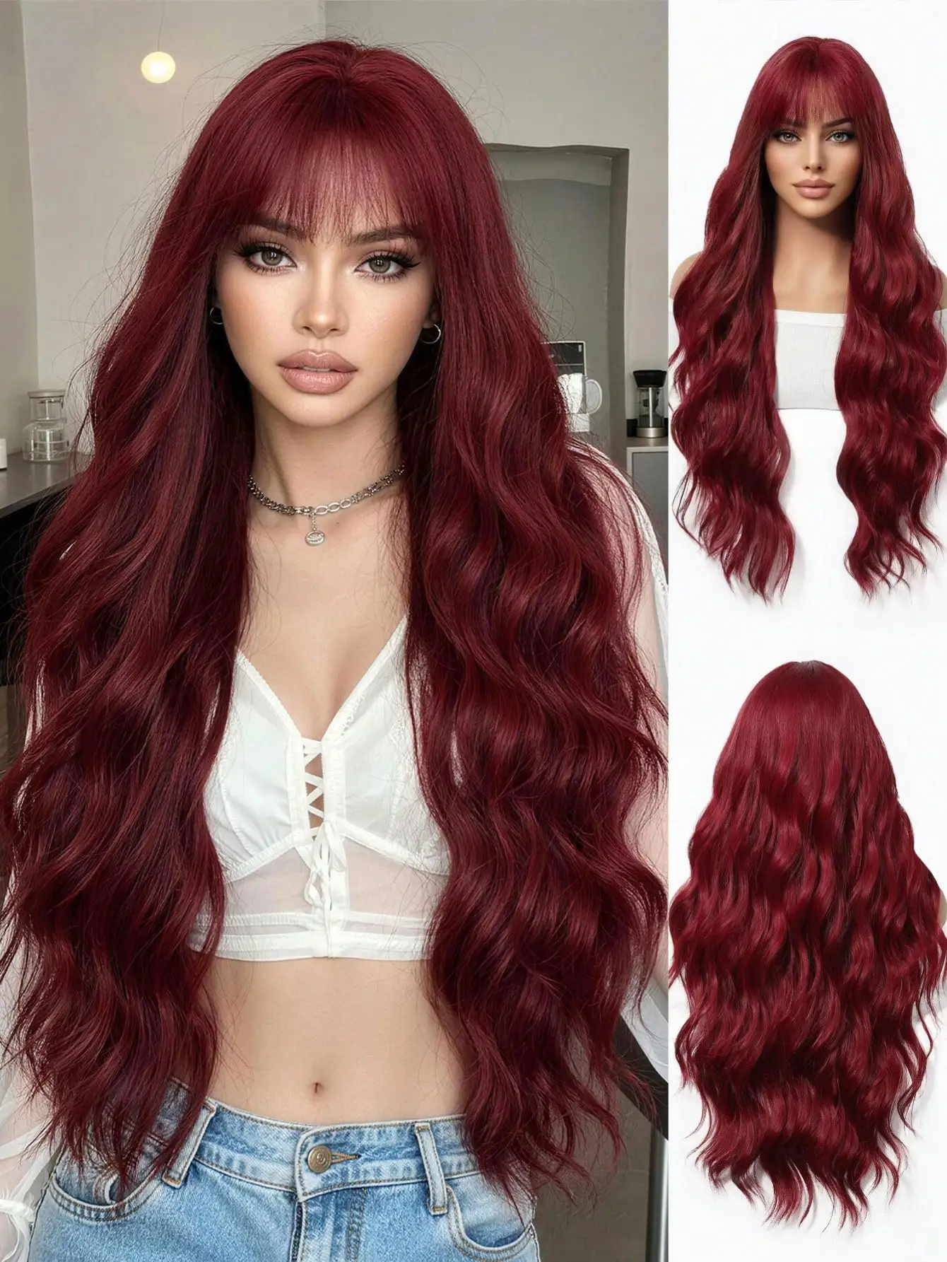 28 Inch Wine Red Long Loose Curly Wig With Air Bangs For Ladies, Heat Resistant Synthetic Full Head Wig, Natural Wavy Wigs For Party Cosplay Halloween Christmas