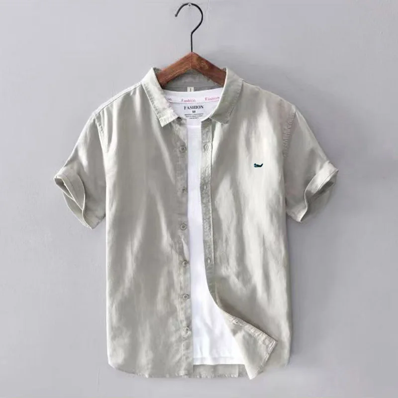 

Men 100% Linen Shirt Short sleeve lapel Summer Shirt Fashion Simple Casual Solid Color Shirt Business Casual T-shirt Polo Tops