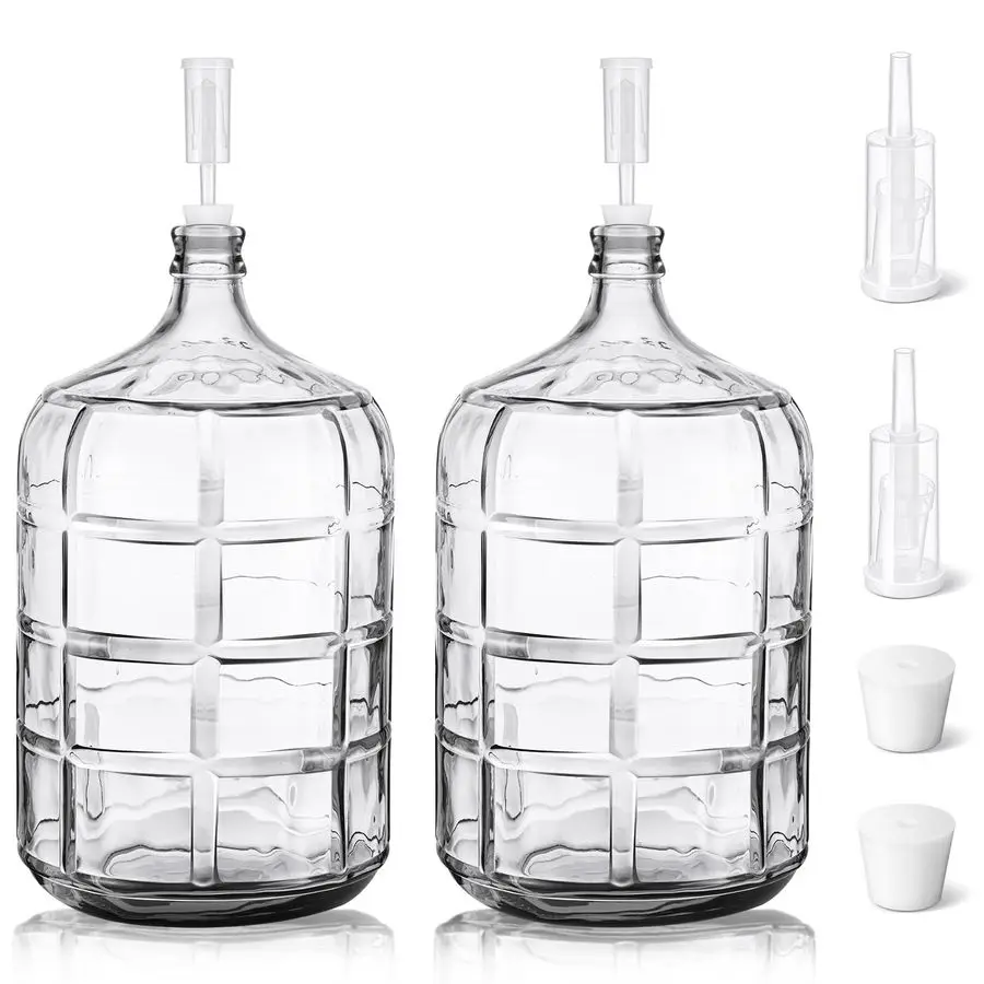 

2 Pieces 5 Gallon Glass Carboy 5 Gallon Glass Water Jug with Drilled Silicone Stoppers and Airlock Fermenting Carboy Clear Beer