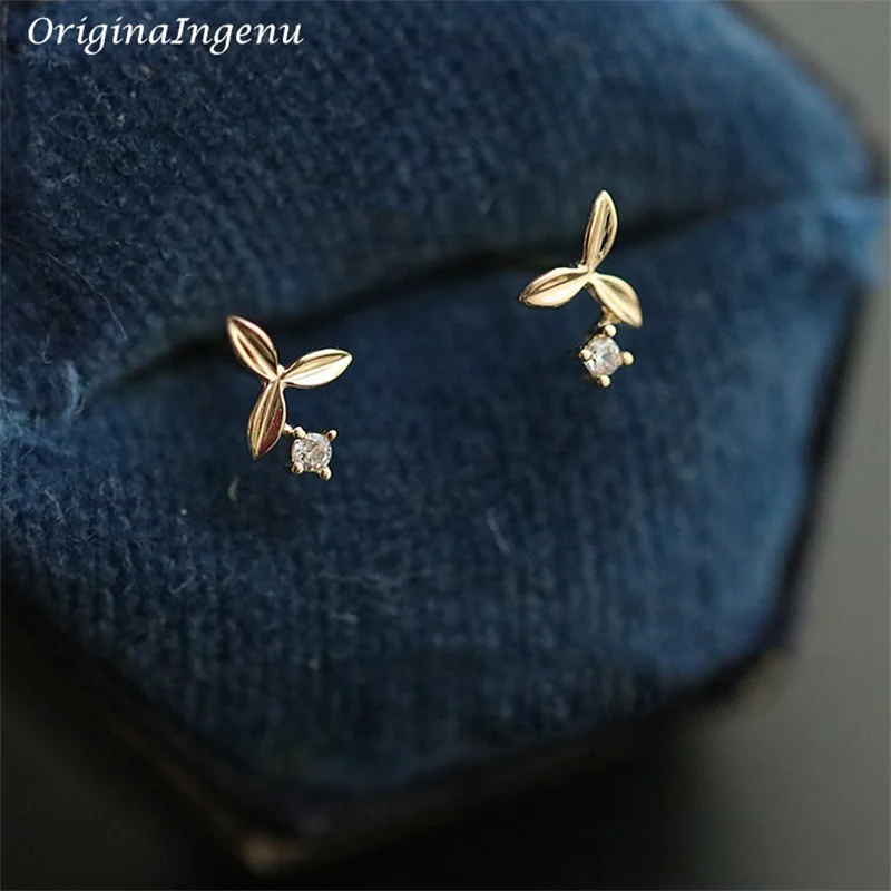 Solid 9K Gold Leaves Earrings Dainty Statement Zircon Earrings Real 9k Gold Jewelry Minimalist Tarnish Resistan Fine Jewelry