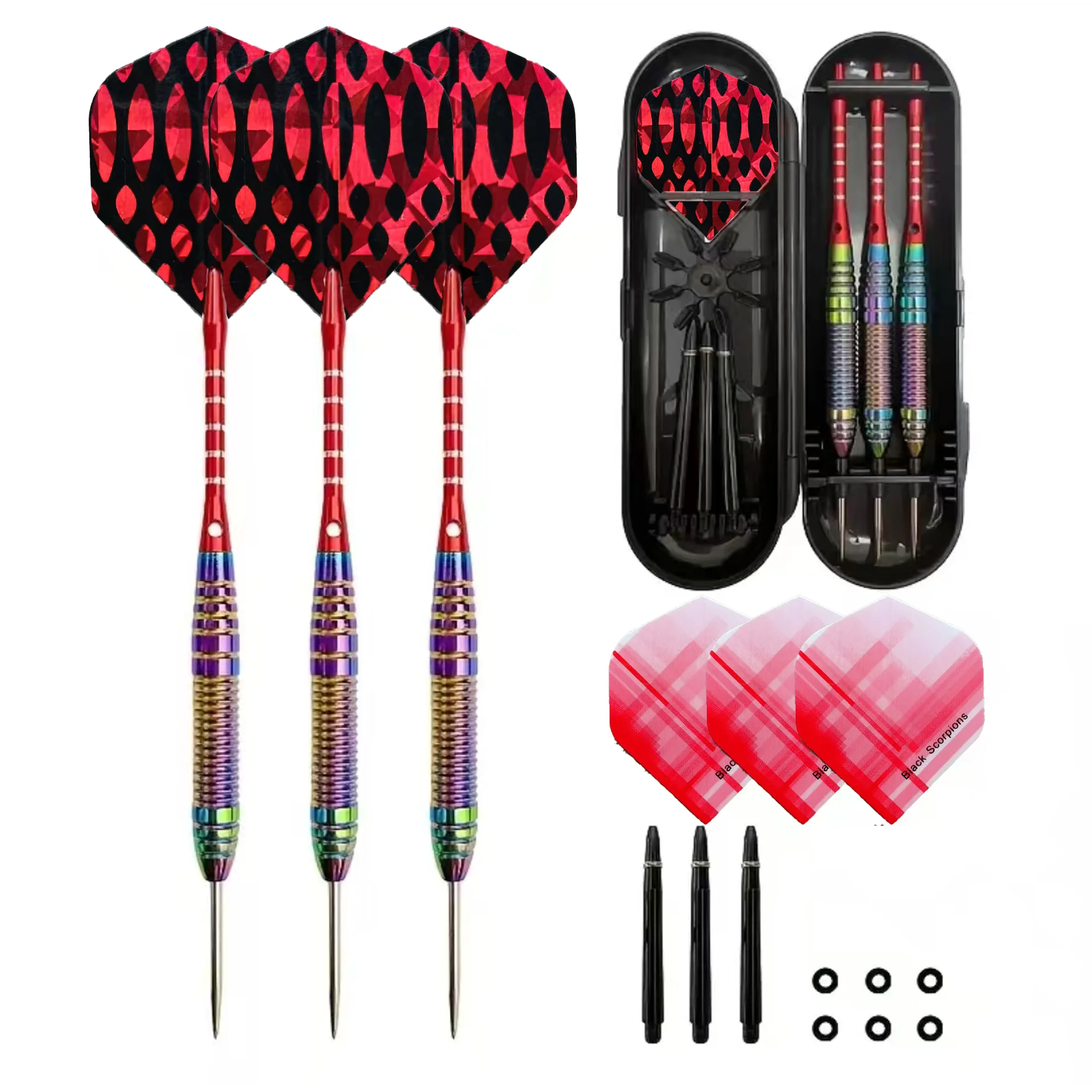 

Профессиональный набор для дартса из 3 предметов: дротики с металлическими стальными наконечниками 22 г, радужные корпуса, с нейлоновыми защитными втулками для шафтов + 3 дополнительных сменных перьев для дротиков