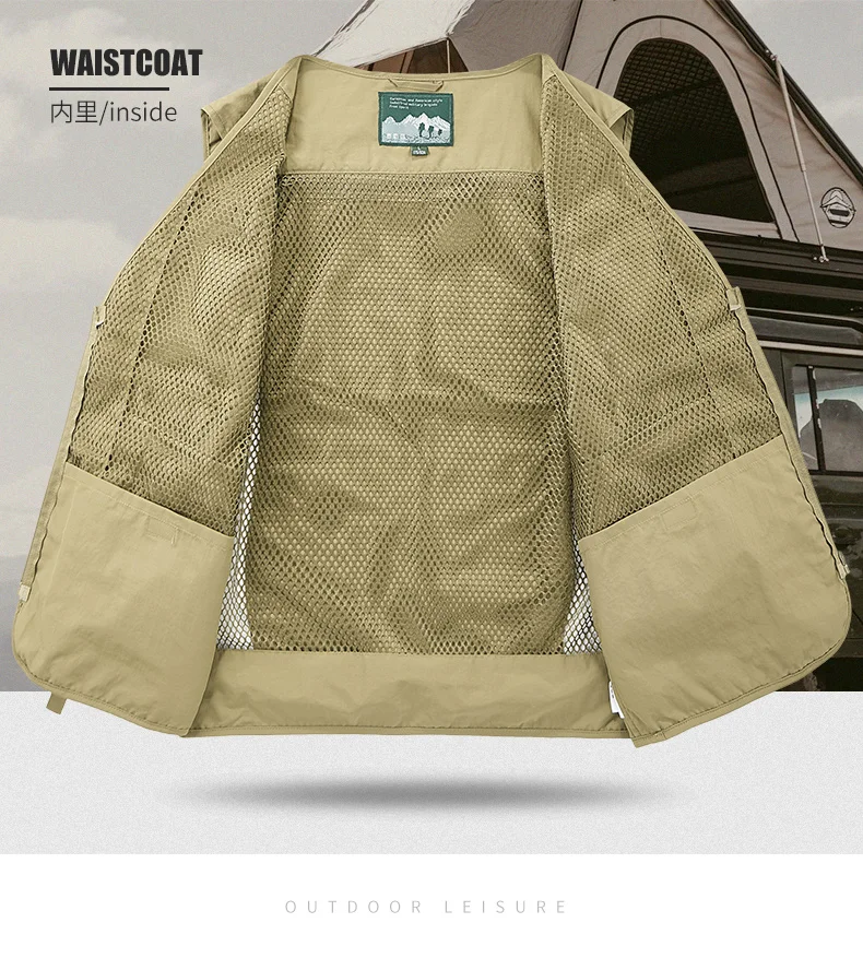 UPF50+ Ärmellose Jacke Herren Outdoor Sonnenschutz Utility-Weste Angelweste Leichtgewicht Übergröße Arbeitsbekleidung Oberteil Cargo-Weste – Detail 12
