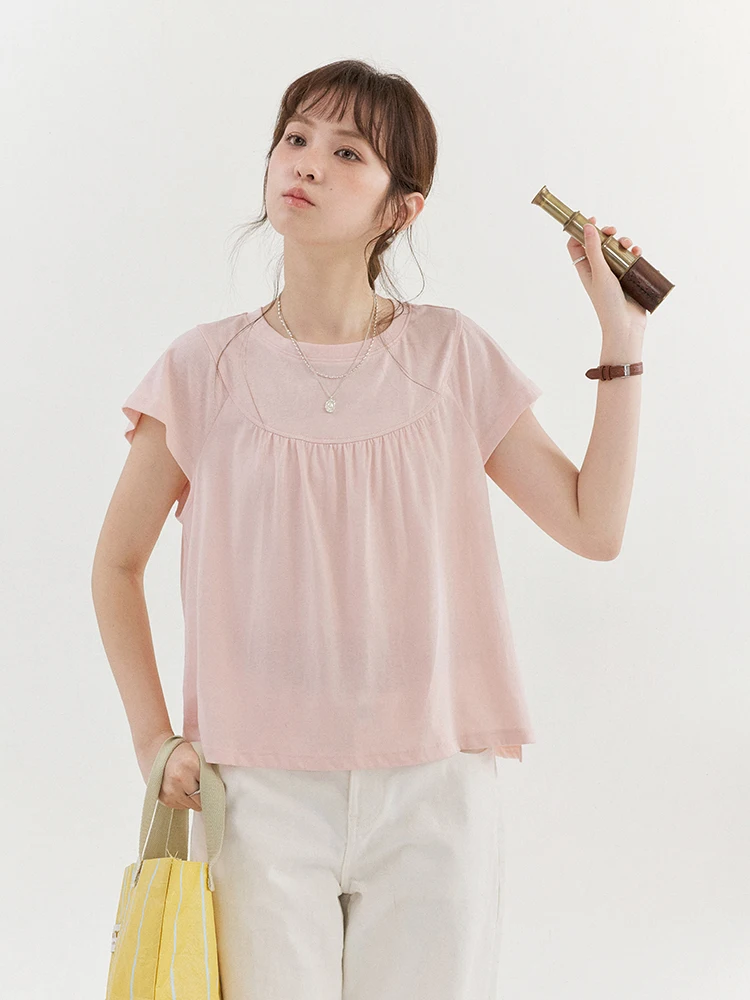 AMUU Original Sweet Pink Pleated Short Sleeve T-Shirt Women Summer New Loose round Neck Slimming Top Korean Style Cotton Poly...