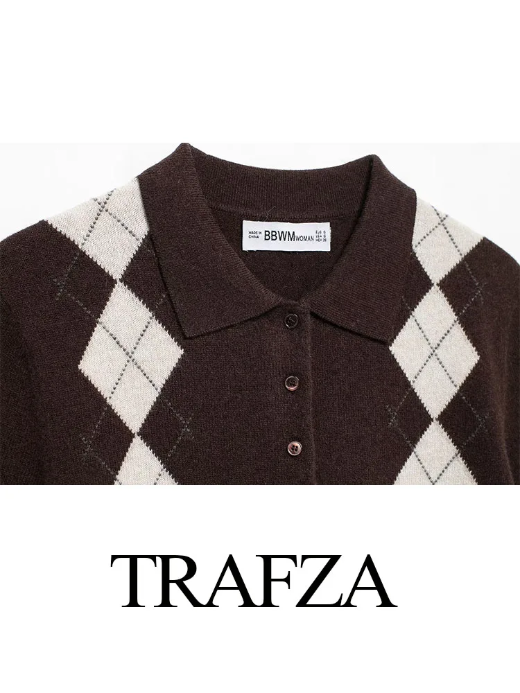 Trafza feminino primavera casual manga curta pullovers marrom escuro turn-down colarinho único breasted moda feminina camisola topos