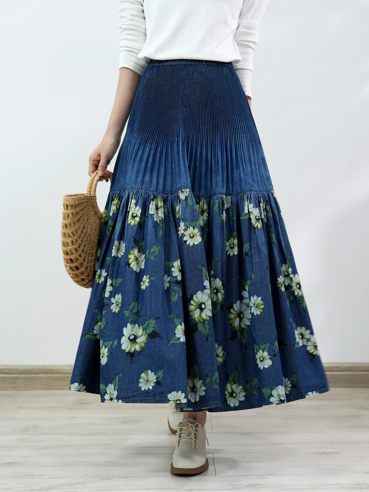 TIYIHAILEY Long Maxi Women Elastic High Waist Spring Summer Denim Skirt Lady Printed A-Line Patchwork Pleated Blue Jeans 2026