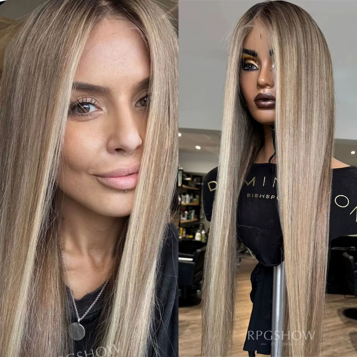 

Long Blonde Brown Natural Synthetic Wig Straight Dark Rooted Preplucked Realistic Hairline Wig For Women Heat Resistant Fibre