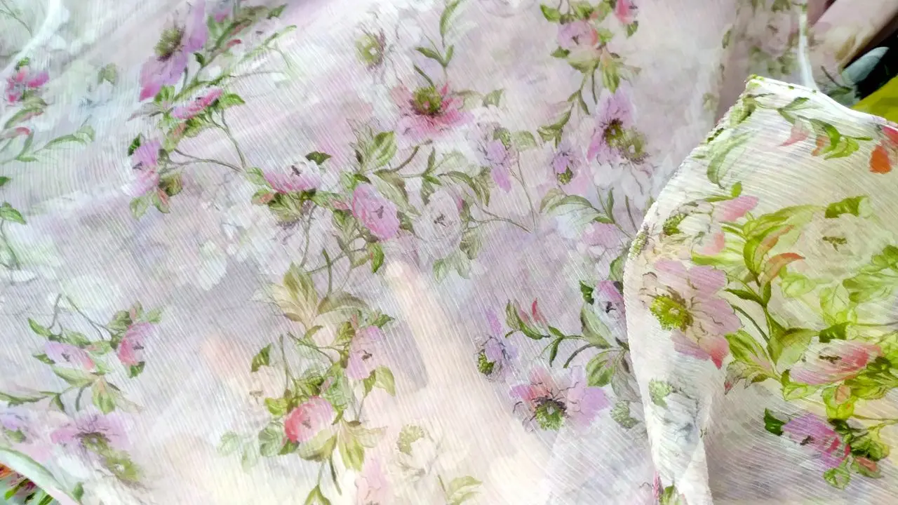 Real 100% pure mulberry silk chiffon fabric pleat pink floral print designer tulle fabrics sewing supplies summer dress handmade