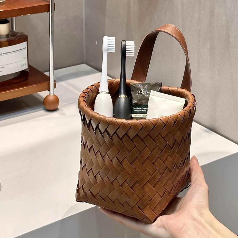 Cesta de almacenamiento para cocina y baño con asa, cesta de frutas y verduras de ratán PP, maceta tejida para flores, organizador de decoración del hogar