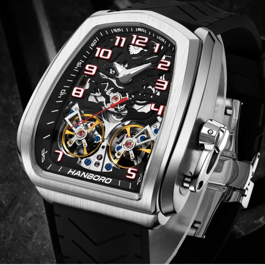 HANBORO Men  Automatic Watch Watch 44mm Mechanical Wristwatch Luminous 50M Waterproof Skeleton Dual Flywheel Dial