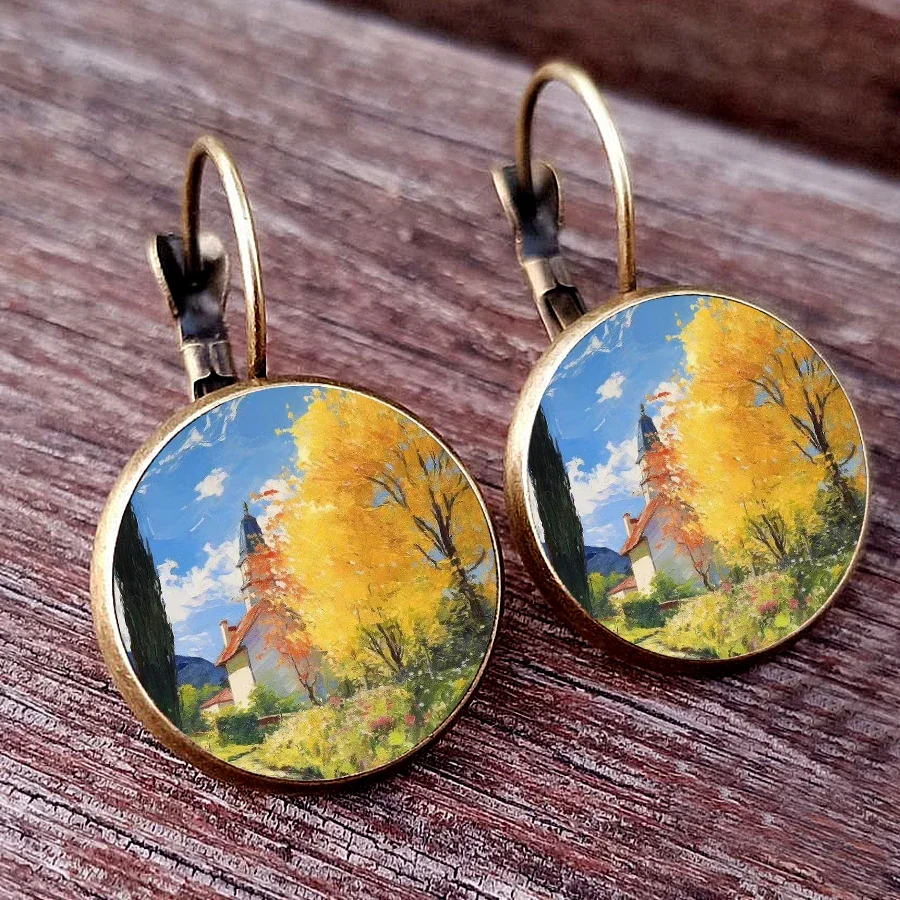 Van Gogh Painting Ear Studs Van Gogh\'s Autumn Painting of Starry Night  Round Jewelry Glass Dome earrings Autumn Vintage Earring