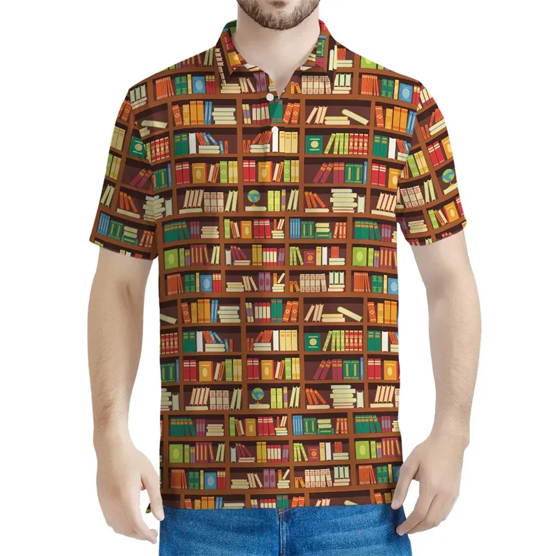 

Fashion Reading Books Pattern Polo Shirt For Men 3D Printed Bookshelf Lapel Short Sleeves Tops Summer Trendy Oversized T-Shirts