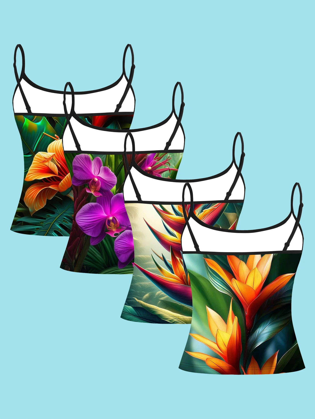 4-Piece Set of Tropical Bird of Paradise and Butterfly Orchid Floral Print Camisole for Women, Exotic Rainforest Plant Thin-Strap Waist-Cinching Slim-Fit Base Top, Cross-Border Vacation Casual Outerwear Camisole
