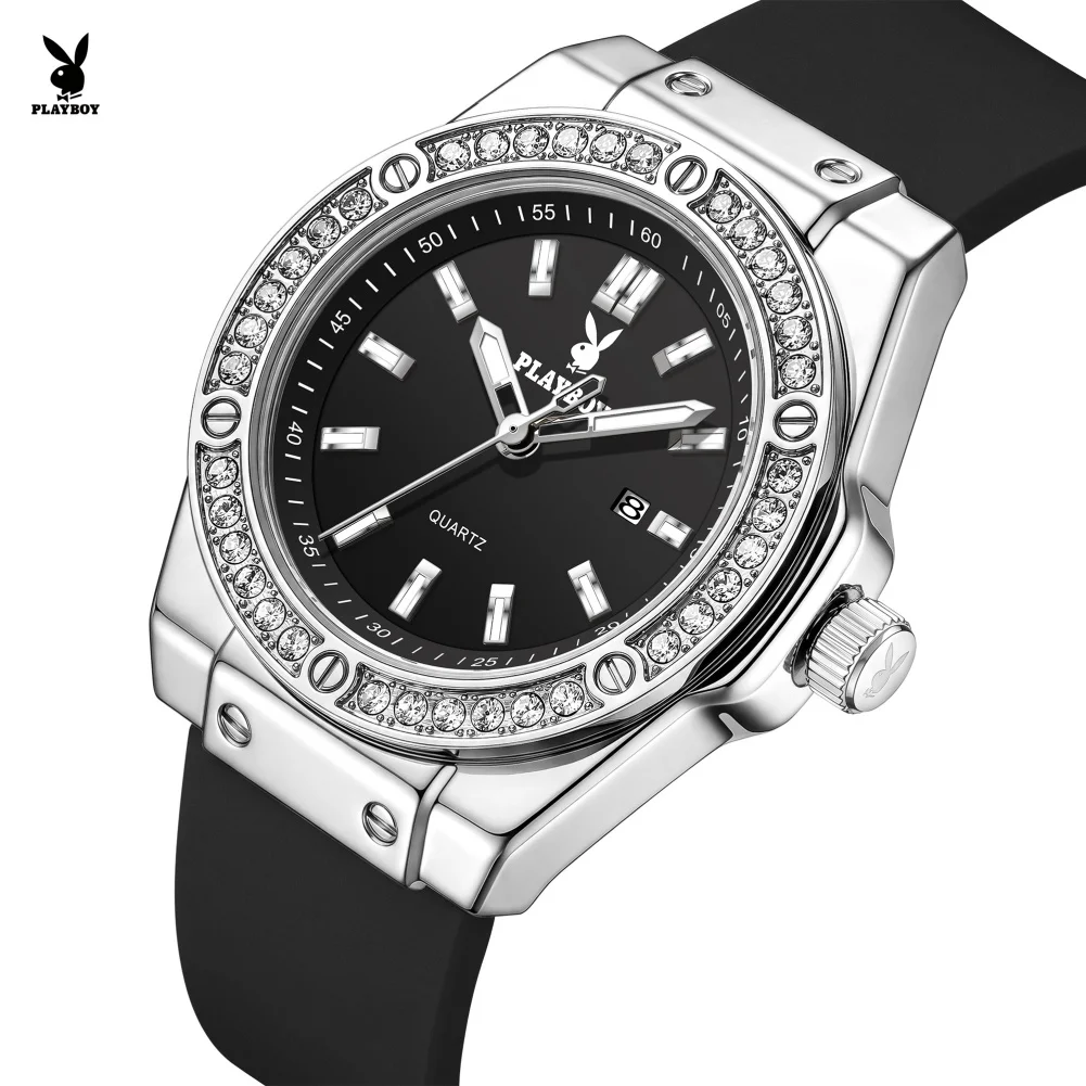 PLAYBOY 3147 Diamond Bezel Quartz Wristwatch Original Silicone Strap Trendy Luminous Waterproof Date Elegan Ladies Dress Watch