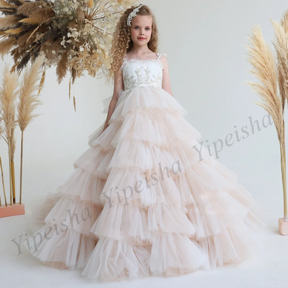 

Luxury Tiered Flower Girl Dress with Gold Sequin Applique Spaghetti Straps Floor Length Tulle First Holy Communion Dresses