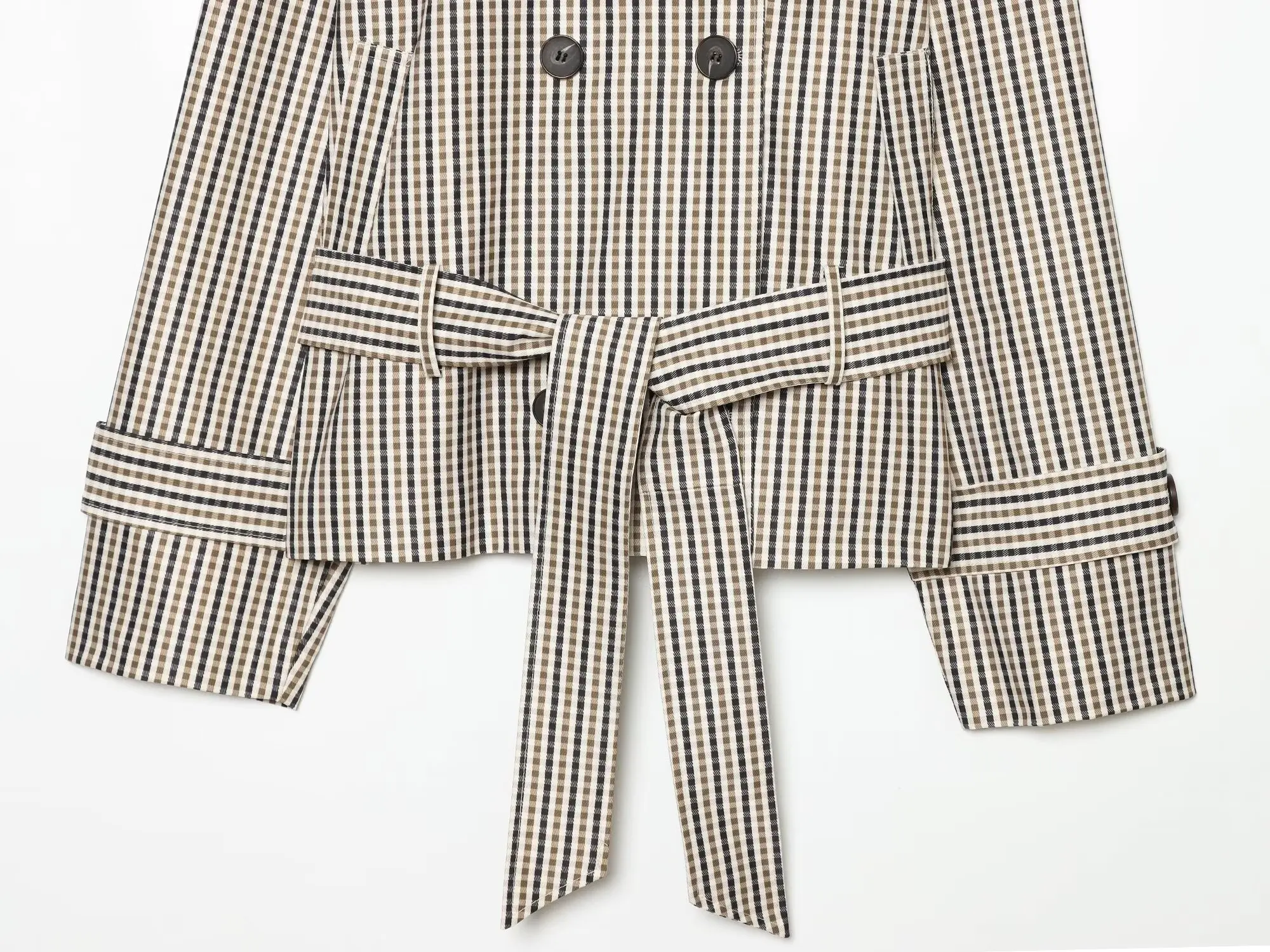 TFMLN Damen-Trenchcoat, kurz geschnitten, schick, mit Revers, doppelreihig, mit Gürtel, lange Ärmel, klassischer Karomuster-Windbreaker. – Detail 8