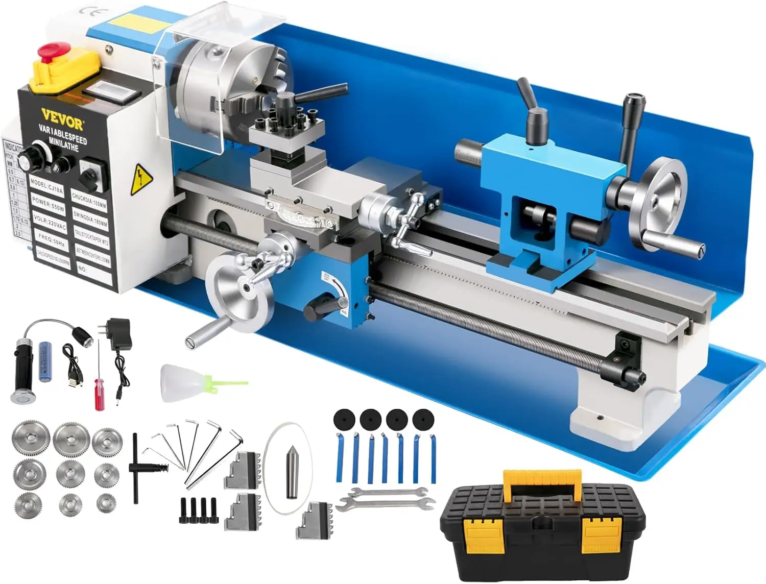 Metal Lathe 550W Variable Speed 2250 RPM with 3-jaw Chuck Machine Benchtop Metal Lathe Digital Display