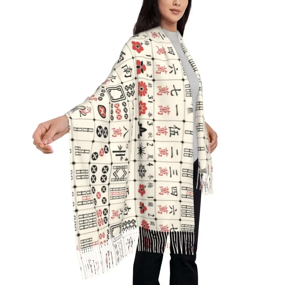 Bufanda para Mujer, gorros con patrón de azulejos de Mahjong que mantienen el calor, bufandas con borla larga, chales y chales a la moda, Bufanda de invierno DIY para Mujer