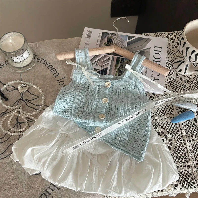 Fashionable Stylish Floral Bud Skirt Korean Version Two-piece Set 2026 New Summer Girls' Set Hollow Camisole Top Knitted Vest