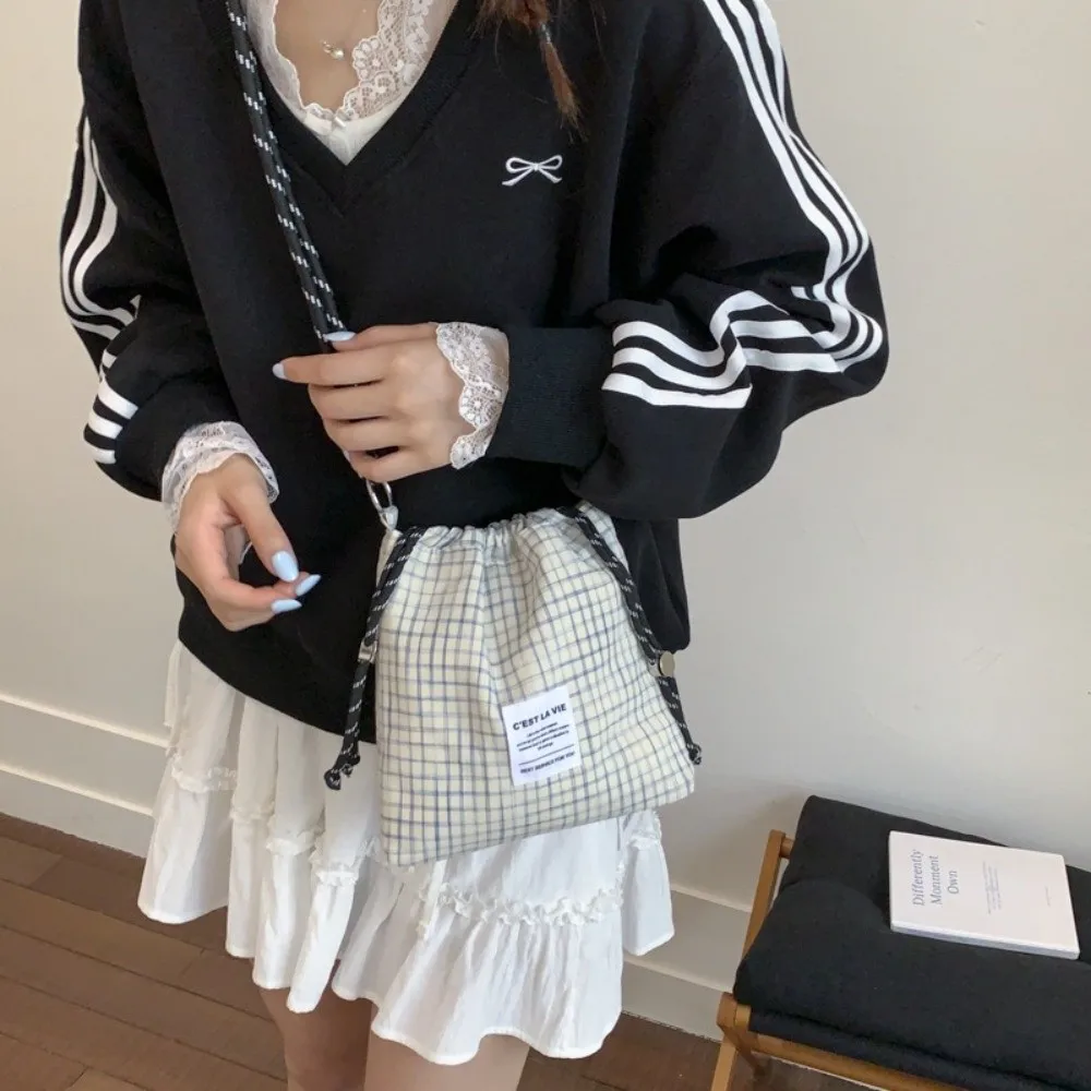 

Модная корейская сумка-ведро на шнурке, легкая повседневная нейлоновая сумка через плечо, клетчатая женская сумка для отдыха, летние сумки