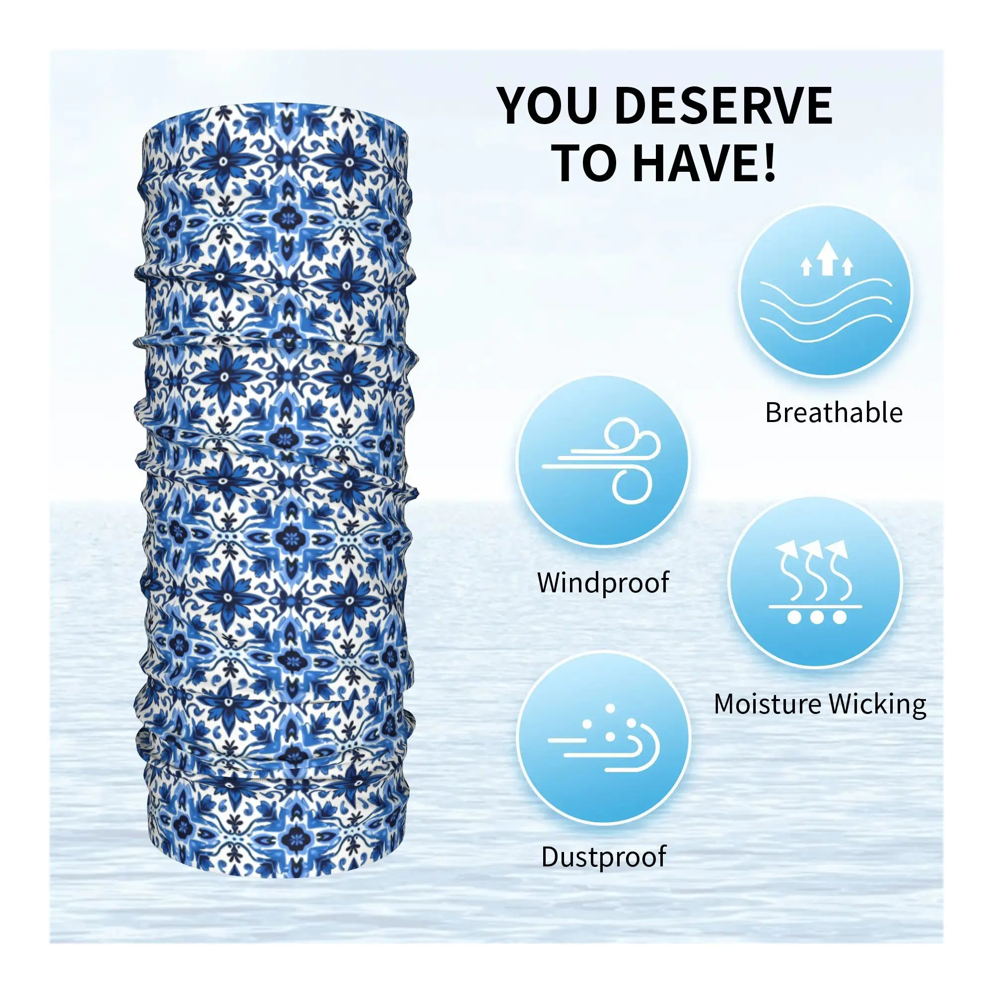 파란색과 흰색 세라믹 타일 아트 바로크풍 디자인 반다나 넥 게이터 프린트 랩 마스크 스카프 사이클링 스카프 라이딩 유니섹스