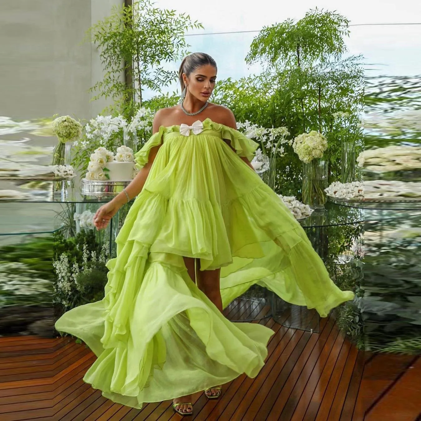 

Fairy Green Hi Low Tulle Dresses For Women Chiffon Mesh Ruffles Layered Formal Party Dress Puffy Soft Tutu Prom Gown Custom Made