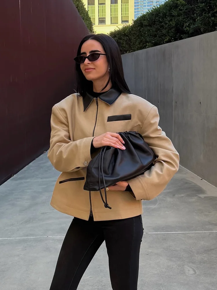 HH Vrouw Lange Mouwen Rits Kunstleer Patchwork Effect Zakdecoratie Revers Herfst Korte Jas Vrouwelijke Casual Jas