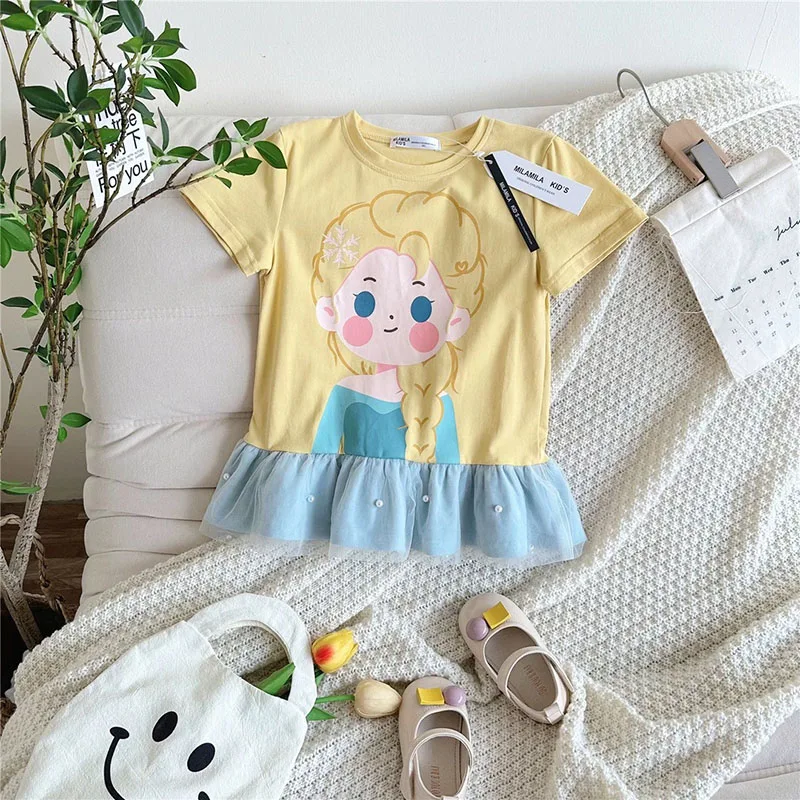 جديد فستان الأميرة الفتيات فستان الصيف قصيرة الأكمام الحلو الفتيات طباعة فستان الأطفال ملابس للحفلات الدانتيل المرقعة فساتين الاطفال