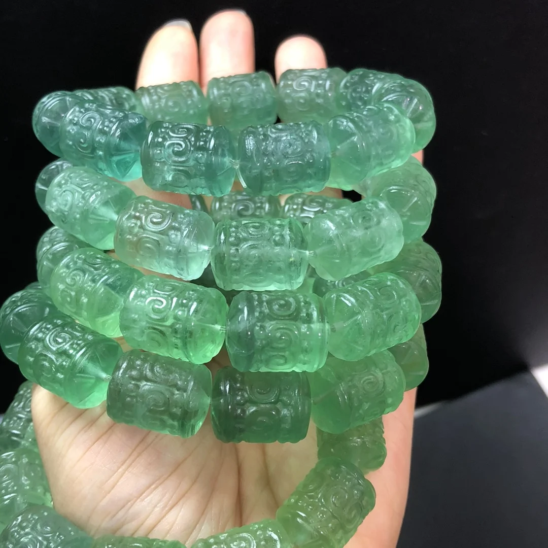 

1 Pc Fengbaowu Natural Stone Green Fluorite Bracelet 13x17MM Engrave Fret Pattern Barrel Beads Crystal Jewelry Gift Women Men