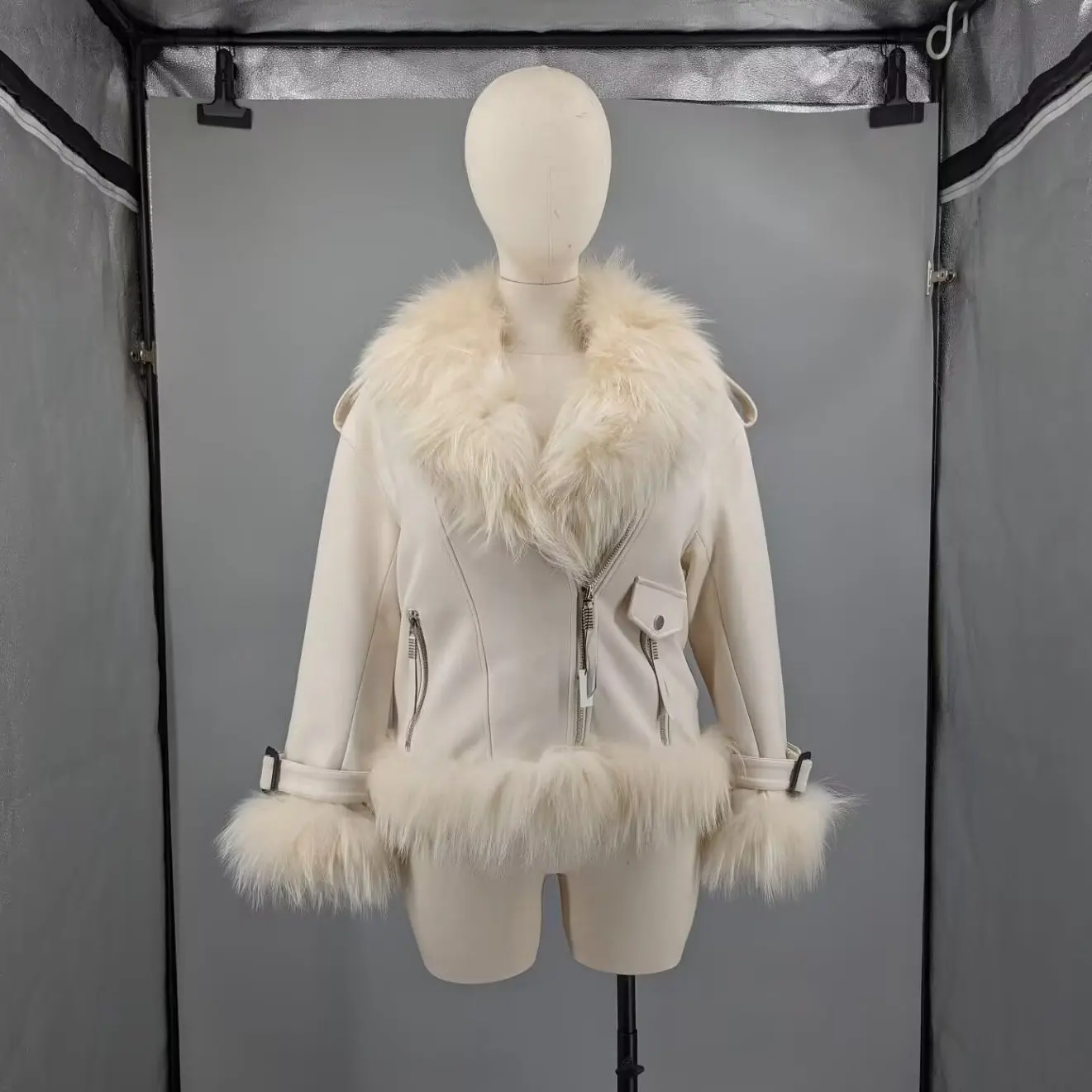 Women Cream Beige Suede Fabric Long Moto Down Coat Real Raccoon Fur Collar Front Hem Zip Pocket Warm Winter Spliced 24A1168