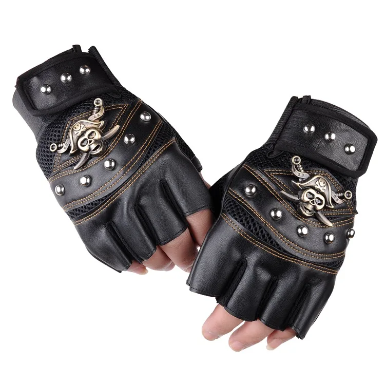 Pirate Captain PU Leather Fingerless Gloves Men Women Skulls Rivet Mitts Hip Hop Gym Gloves Female Moto Half Finger Men\'s Gloves