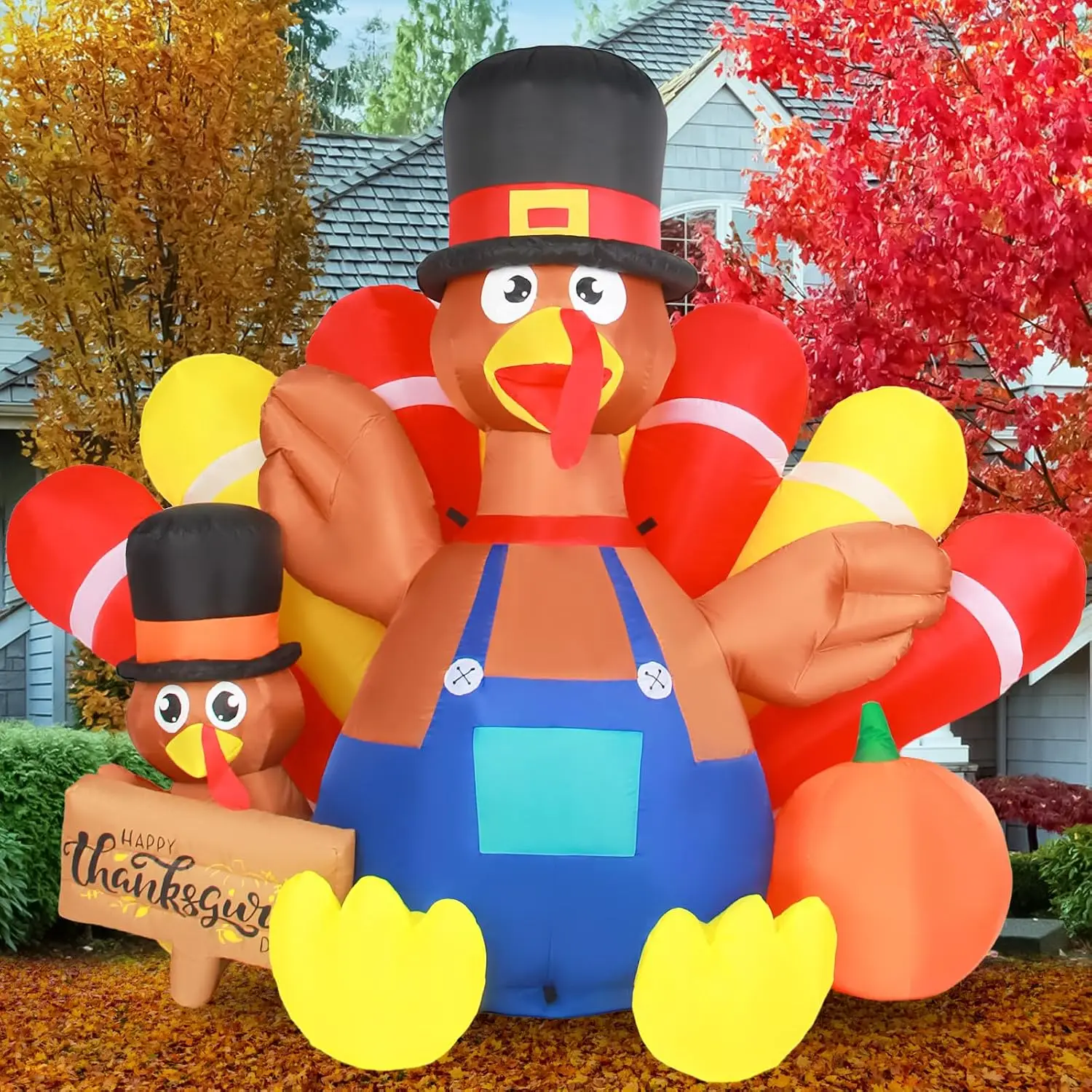 7.5FT Long Thanksgiving Inflatable Turkey Decoration Giant Blow Up Turkey Inflatables Outdoor Yard Decorations with Built-in LED