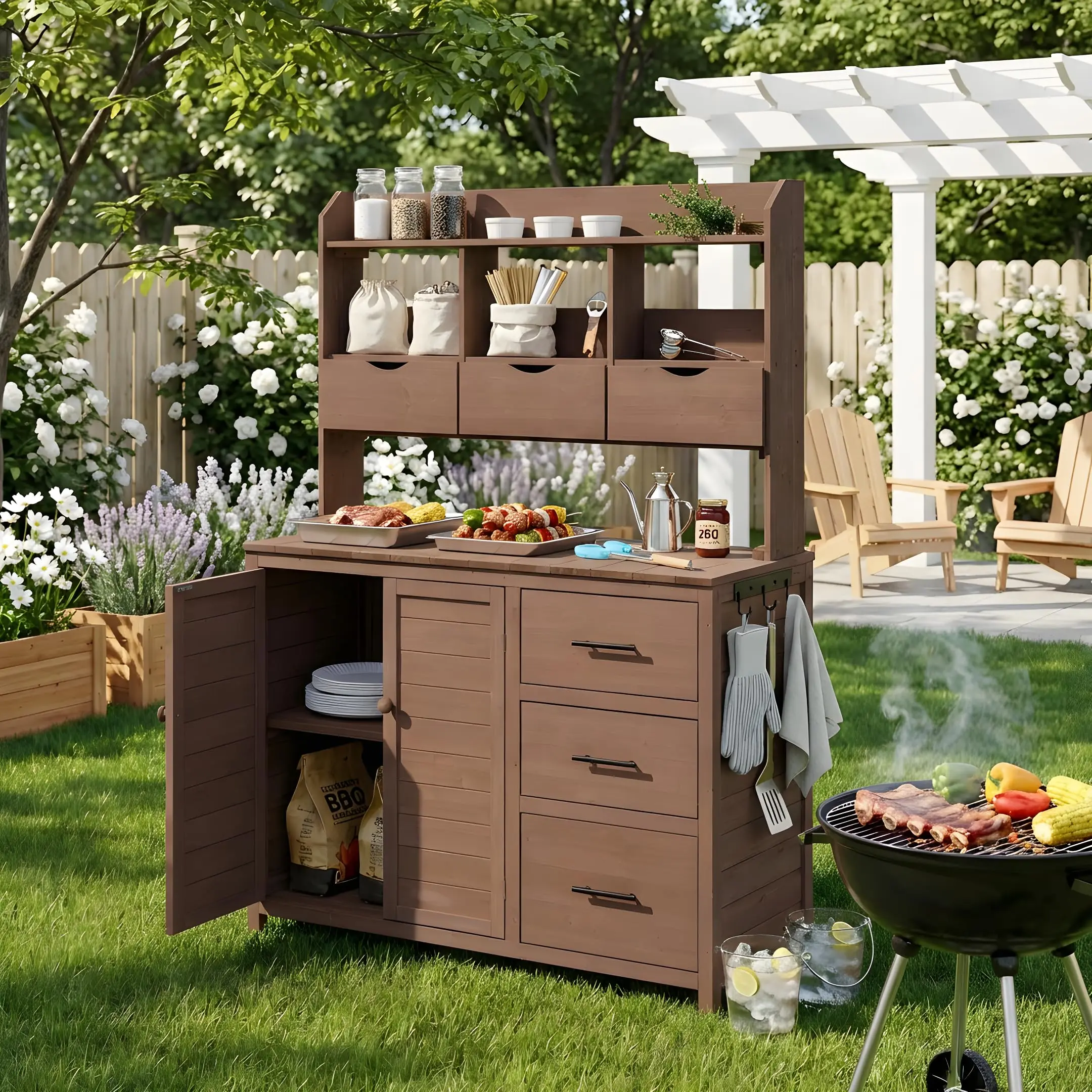 Farmhouse Patio Potting Bench with Drawers and Side Hook, Outdoor Kitchen Island with Bottom Cabinet, 44.6''x19.5''