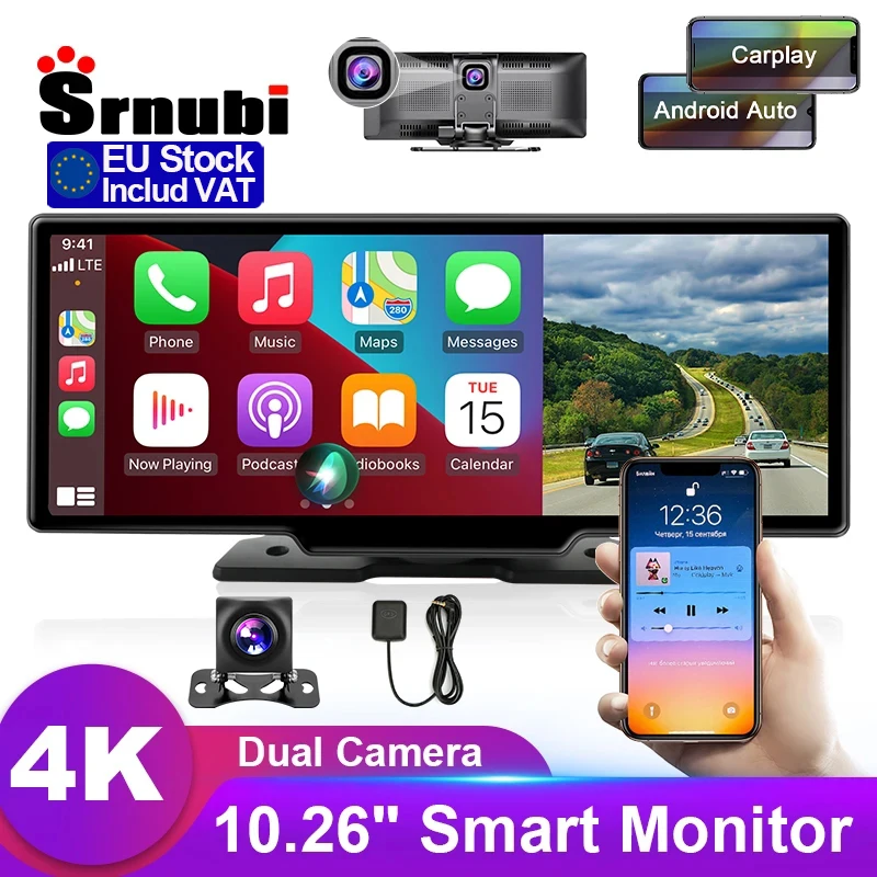 Srnubi 10,26'' 4K Dashcam Drahtlose CarPlay & Android Auto Rückfahrkamera Dual Lens DVR WiFi BT GPS Navigation Video Recorder