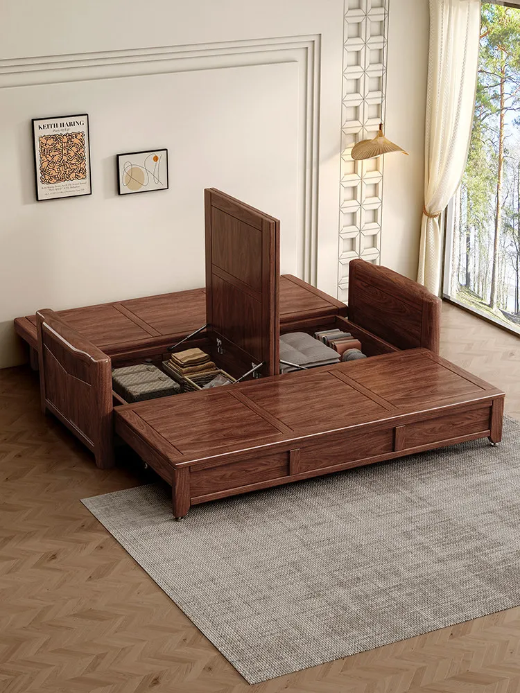 YJQ black walnut folding solid wood sofa bed dual-purpose small apartment living room multi-functional pull-out retractable bed
