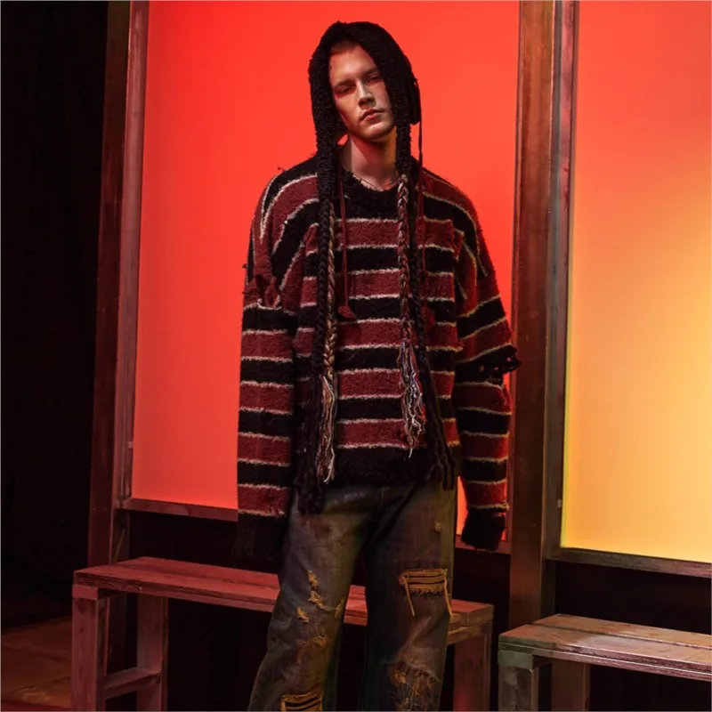 Vintage Do Old Wasteland Clothes Striped Pullover Coat For Men And Women Winter