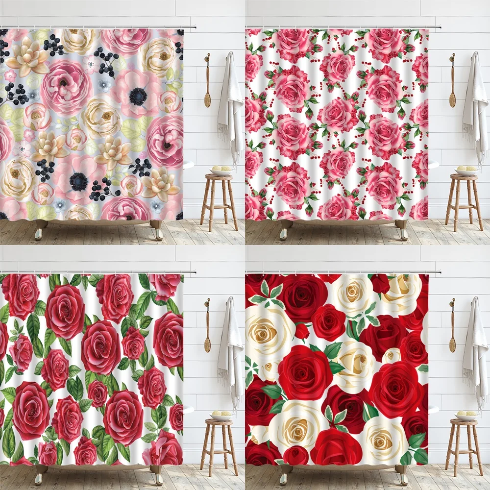 

Red Rose Plant Flower Shower Curtain Spring Watercolor Botanical Floral Grass Fabric Bathroom Curtains Bathtub Screen With Hooks