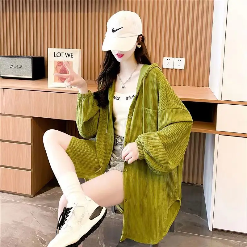 Women\'s Loose Fitting Sunscreen Hooded Shirt Monochromatic Korean Fashion Simplicity Casual Clothes All-match Summer Clothing