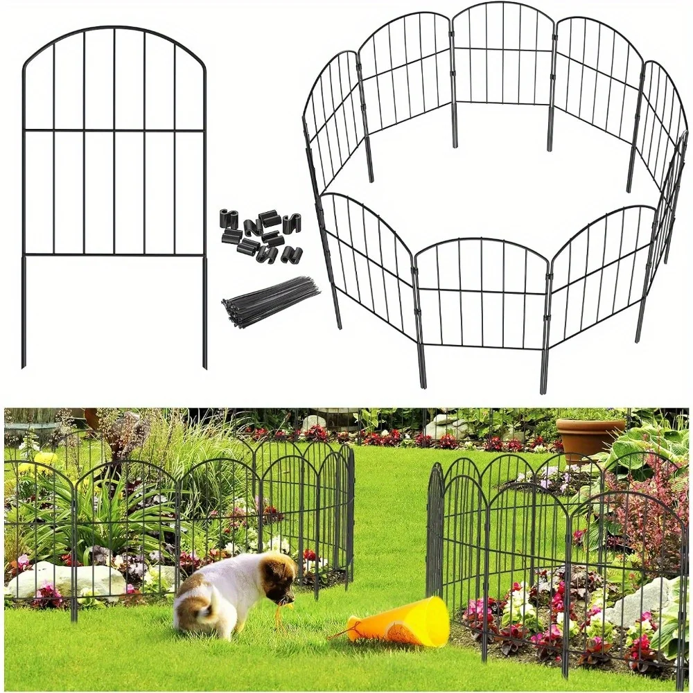 Garden Fence, Total 10ft(L) x 24in(H) Garden Fencing Animal Barrier, 10 Pcs Rustproof Metal Fence Panels, Black No Dig Fence, De