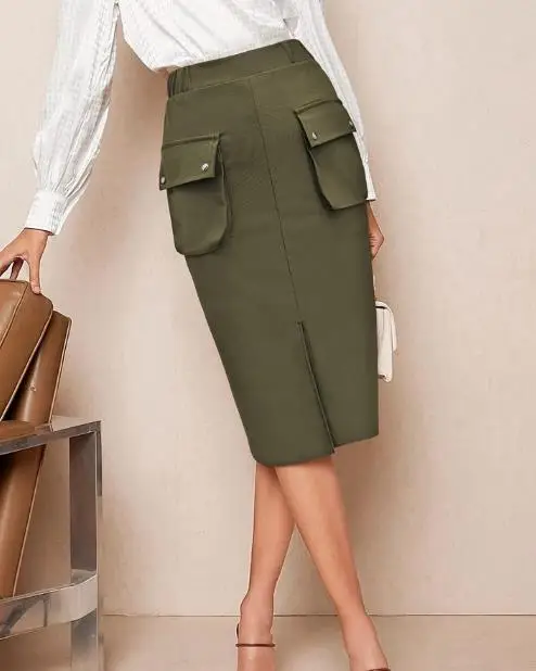 

Elegant and Fashionable Solid Color High Waisted Slit Design, Hip Hugging Skirt, Women's Casual Temperament, Large Pocket Skirt