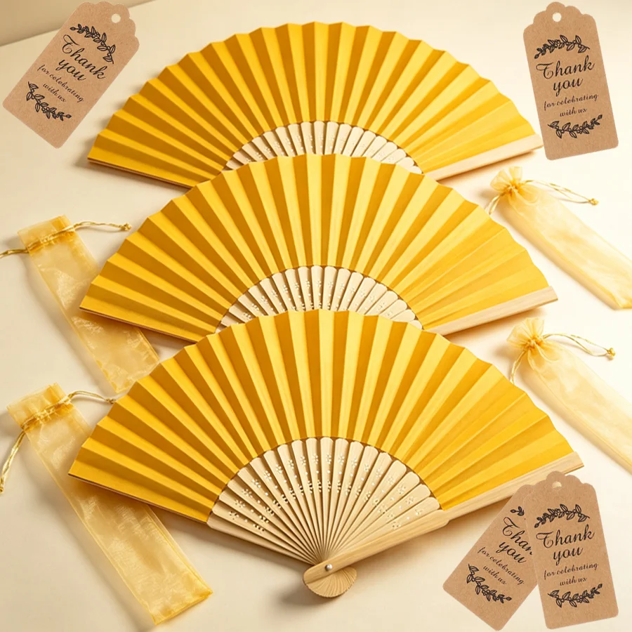 15/30pcs Paper Folding Hand Fans, with Organza Pouch & Kraft Paper Tags, Practical Summer Cooling Tool, Nice Party Favor XJM