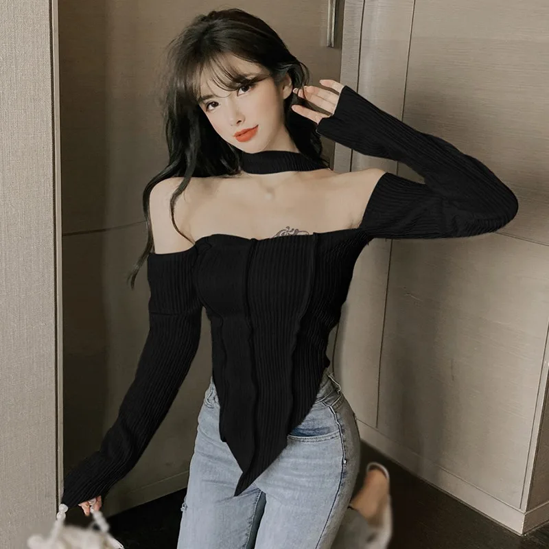 Off Shoulder  Long Sleeve Top Tee Shirt Femme Y2K Clothes Green Tops Mujer T-shirt Black Sexy Funny T Shirts Women Cropped